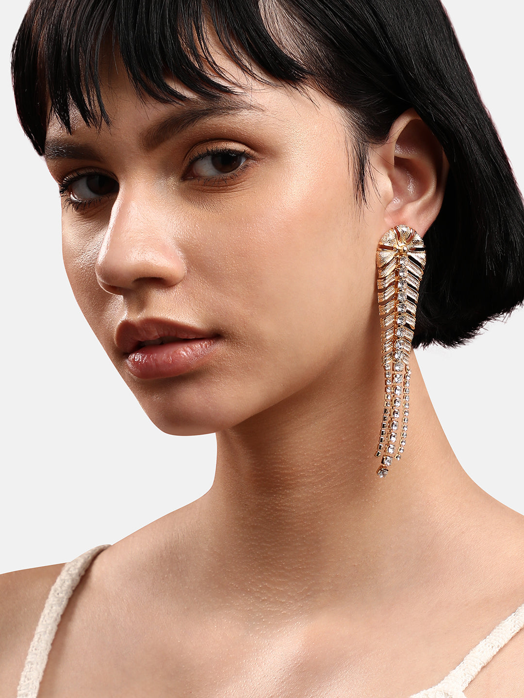 Gold-Plated Contemporary Rhinestone Drop Earrings