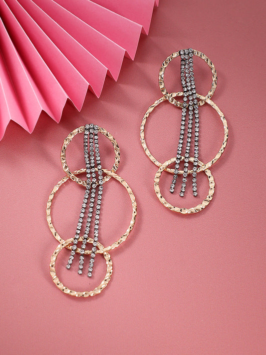 Gold-Plated Stone Studded Contemporary Bling Halo Drop Earrings