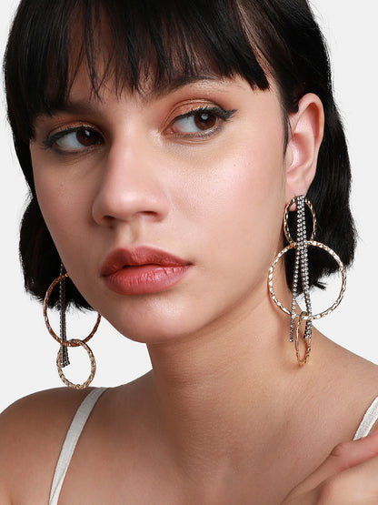 Gold-Plated Stone Studded Contemporary Bling Halo Drop Earrings