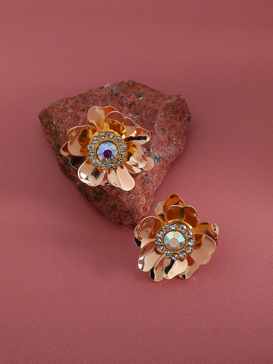 Gold-Plated Crystal-Studded Flower Stud Earrings