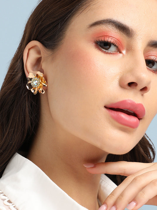 Gold-Plated Crystal-Studded Flower Stud Earrings