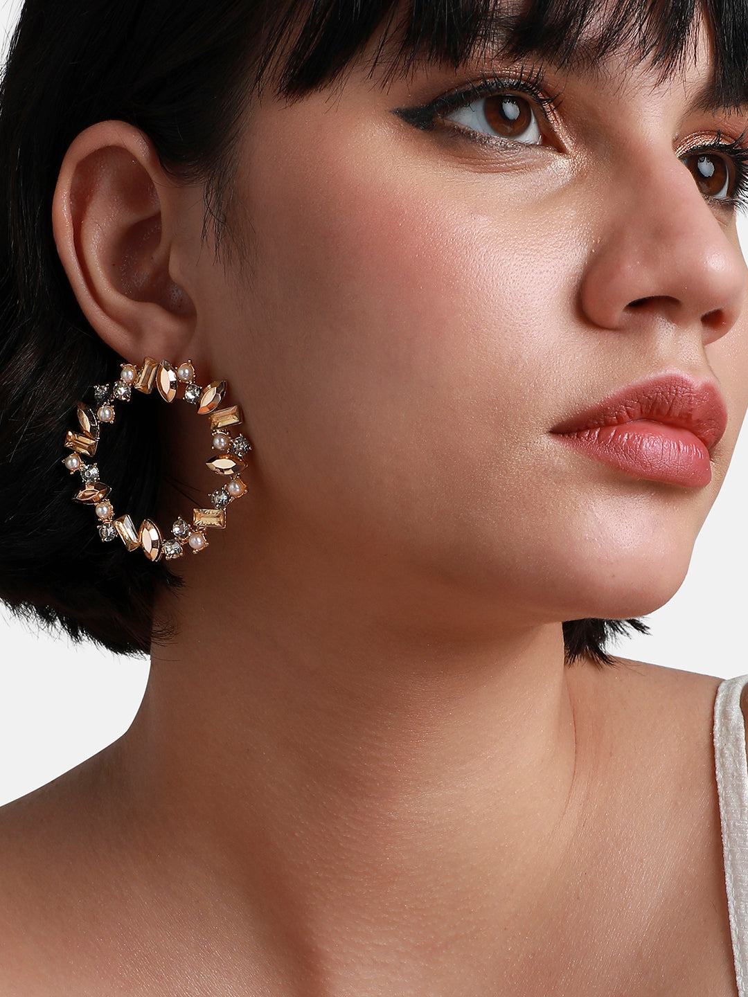 Gold Plated Crystal Studded Circular Drop Earrings