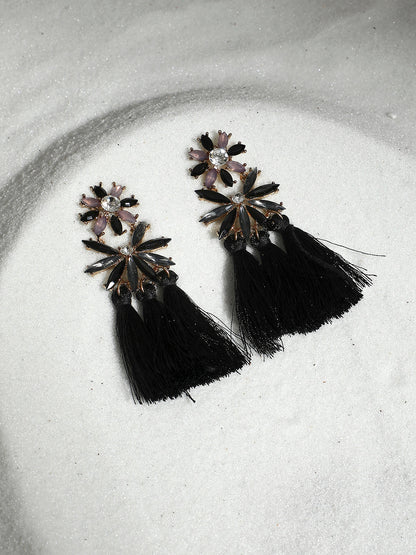 Gold-Plated Tasseled Crystal-Studded Contemporary Drop Earrings