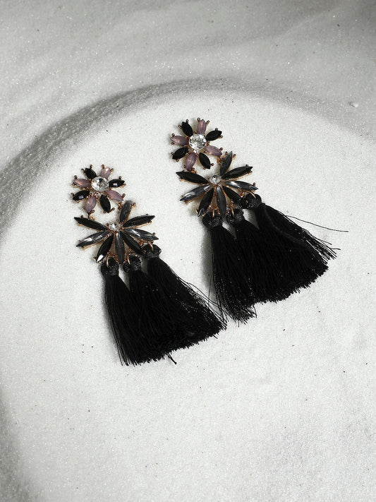 Gold-Plated Tasseled Crystal-Studded Contemporary Drop Earrings