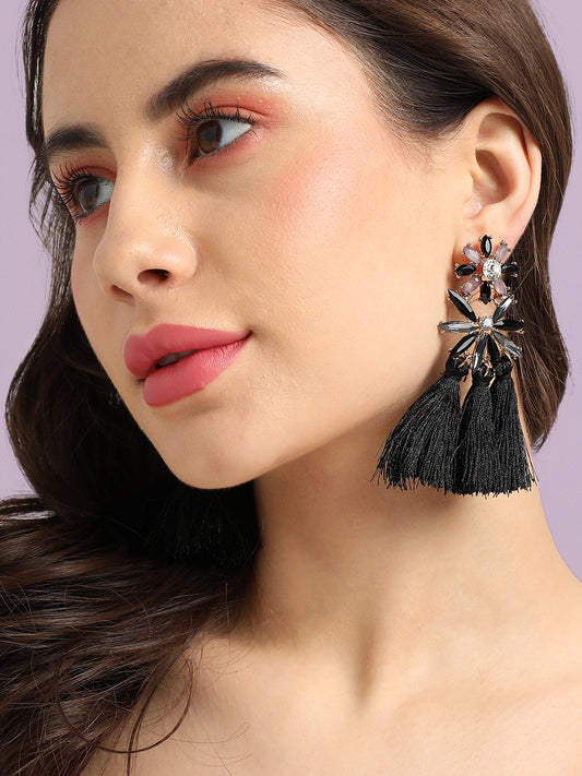 Gold-Plated Tasseled Crystal-Studded Contemporary Drop Earrings