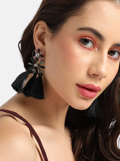 Gold-Plated Tasseled Crystal-Studded Contemporary Drop Earrings