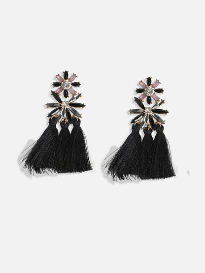 Gold-Plated Tasseled Crystal-Studded Contemporary Drop Earrings