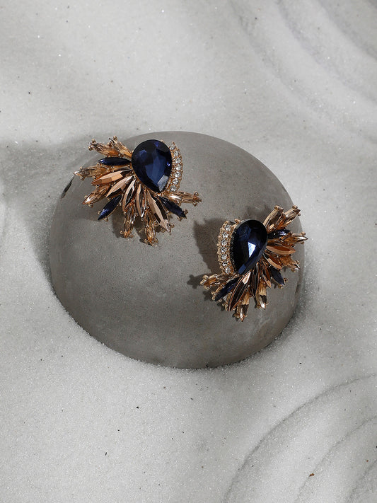 Gold-Plated Crystal-Studded Contemporary Stud Earrings