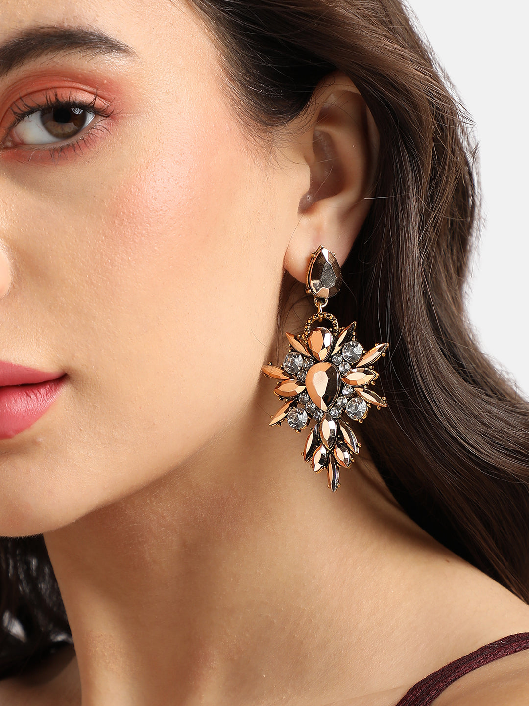 Gold Plated Stone Studded Drop Earrings