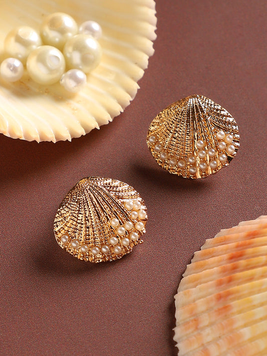 Gold-Plated Seashell Shaped Beaded Studs Earrings