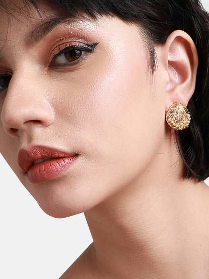Gold-Plated Seashell Shaped Beaded Studs Earrings