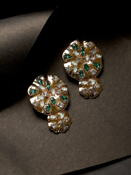 Gold-Plated Stone-Studded Contemporary Drop Earrings