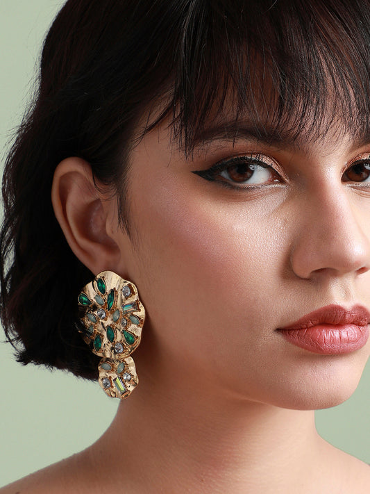 Gold-Plated Stone-Studded Contemporary Drop Earrings