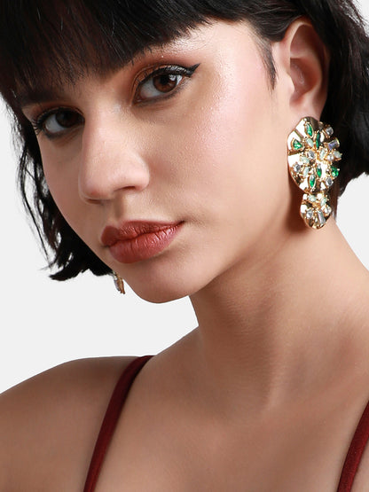 Gold-Plated Stone-Studded Contemporary Drop Earrings
