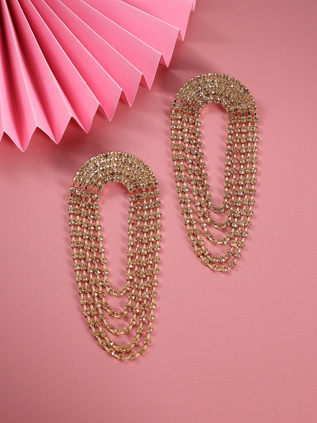 Gold-Plated Stone-Studded Contemporary Drop Earrings