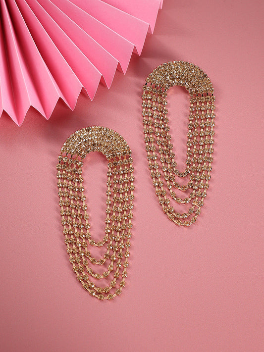Gold-Plated Stone-Studded Contemporary Drop Earrings