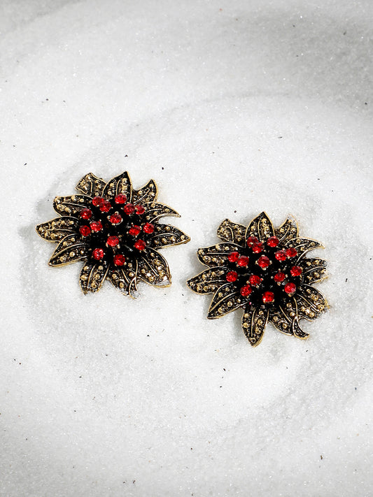 Gold-Plated Crystal Studded Floral Stud Earrings