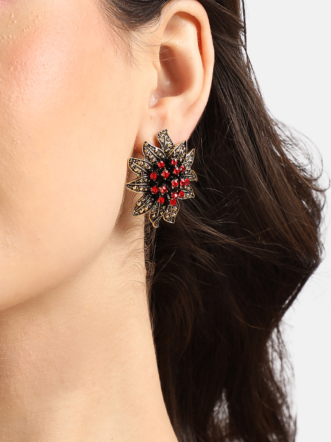 Gold-Plated Crystal Studded Floral Stud Earrings