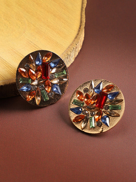 Gold-Plated Crystal-Studded Circular Stud Earrings