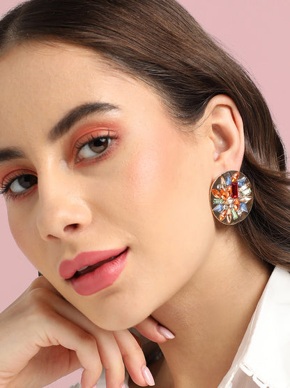 Gold-Plated Crystal-Studded Circular Stud Earrings