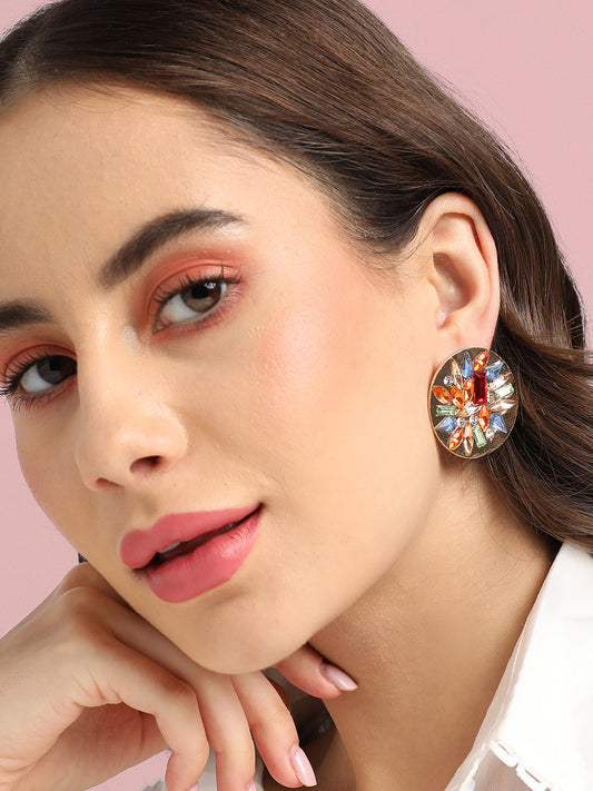 Gold-Plated Crystal-Studded Circular Stud Earrings