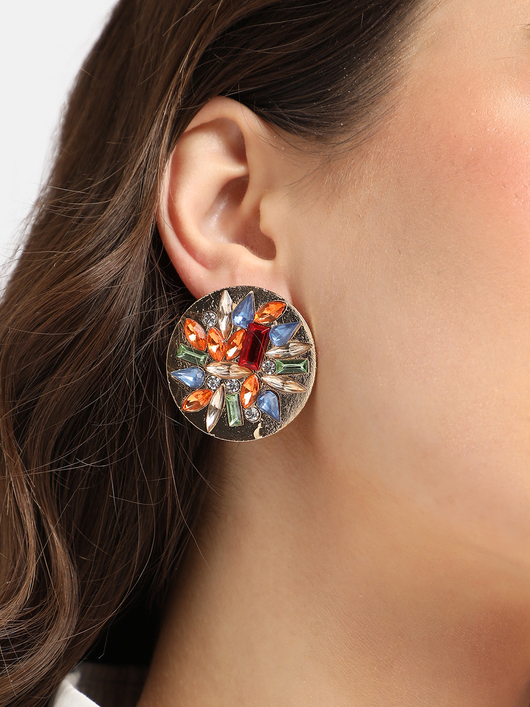 Gold-Plated Crystal-Studded Circular Stud Earrings