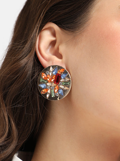 Gold-Plated Crystal-Studded Circular Stud Earrings
