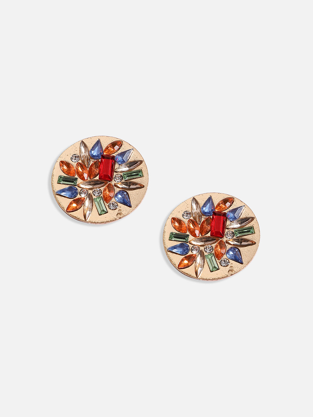 Gold-Plated Crystal-Studded Circular Stud Earrings