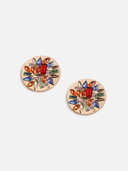 Gold-Plated Crystal-Studded Circular Stud Earrings