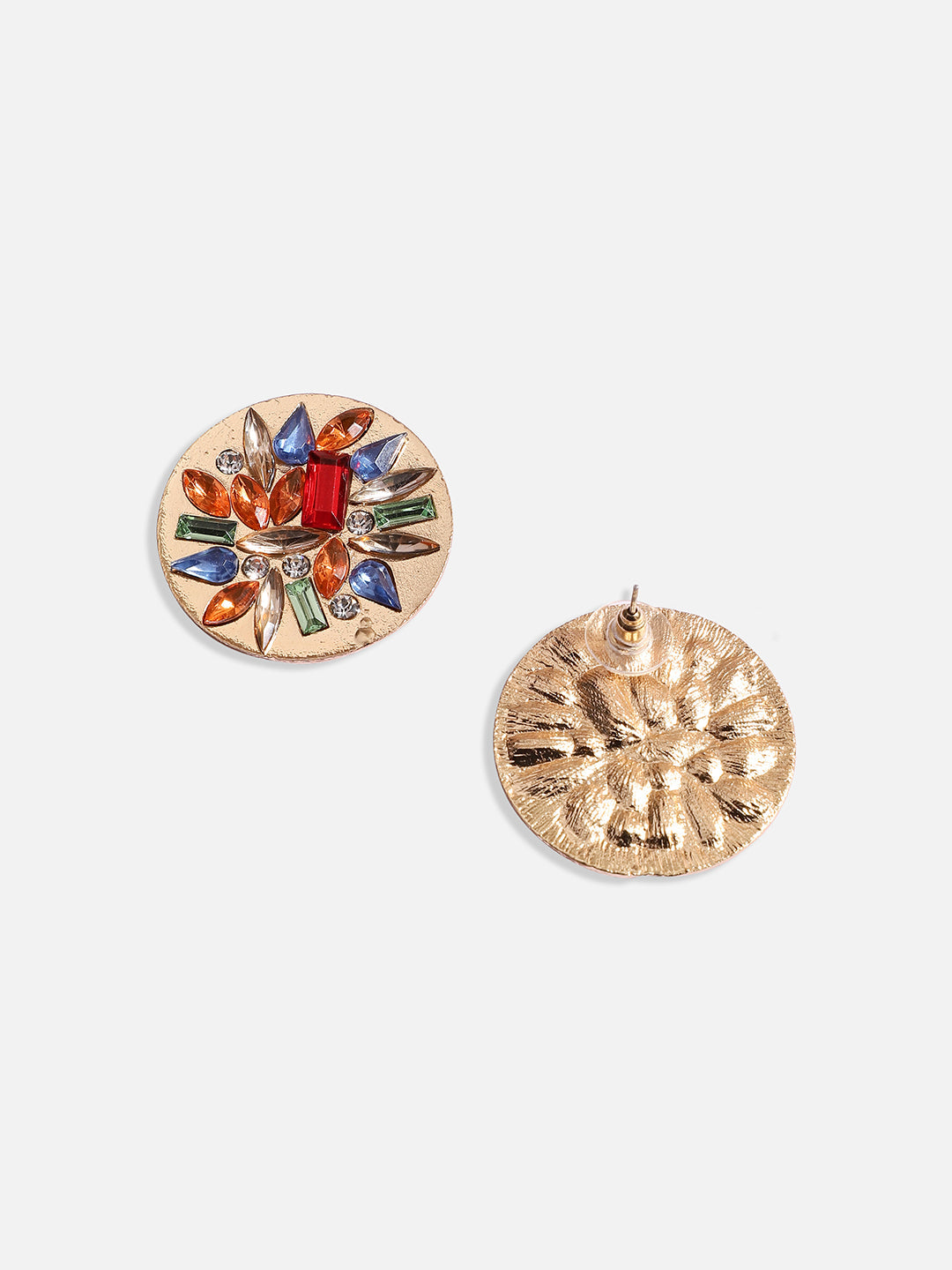 Gold-Plated Crystal-Studded Circular Stud Earrings