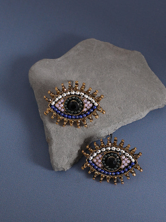 Gold-Plated Beaded Contemporary Evil Eye Stud Earrings