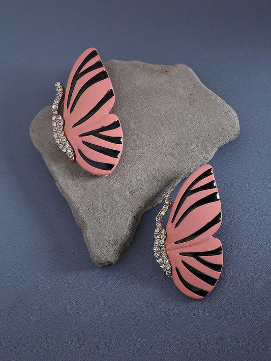 Gold-Plated Stone-Studded Butterfly Enamel Drop Earrings