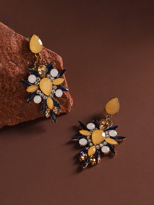 Gold-Plated Crystal Studded Floral Drop Earrings