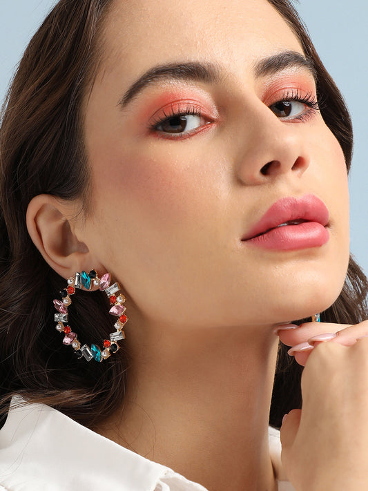 Gold-Plated Crystal Studded Circular Hoop Earrings