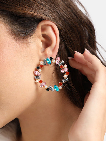 Gold-Plated Crystal Studded Circular Hoop Earrings