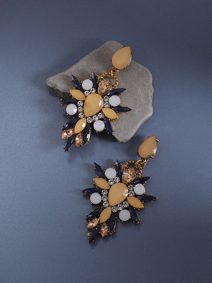Gold-Plated Crystal Studded Floral Drop Earrings