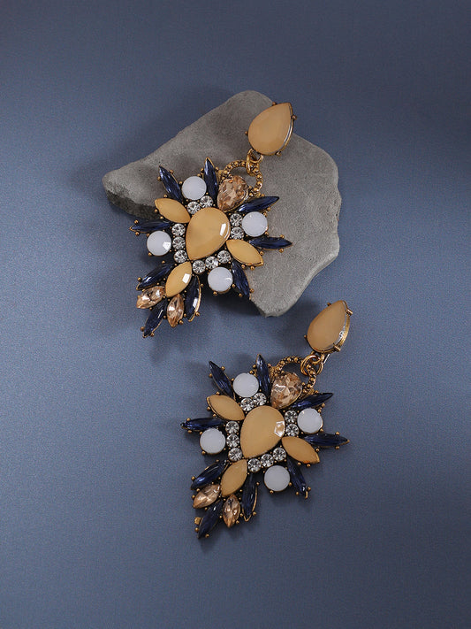 Gold-Plated Crystal Studded Floral Drop Earrings