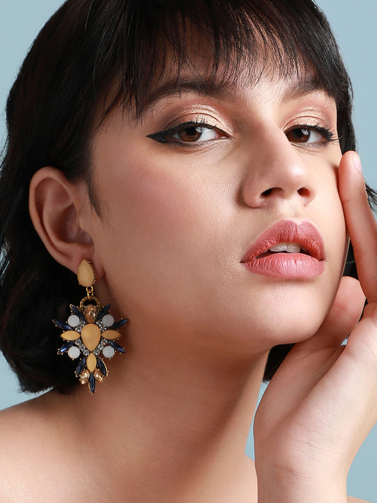 Gold-Plated Crystal Studded Floral Drop Earrings