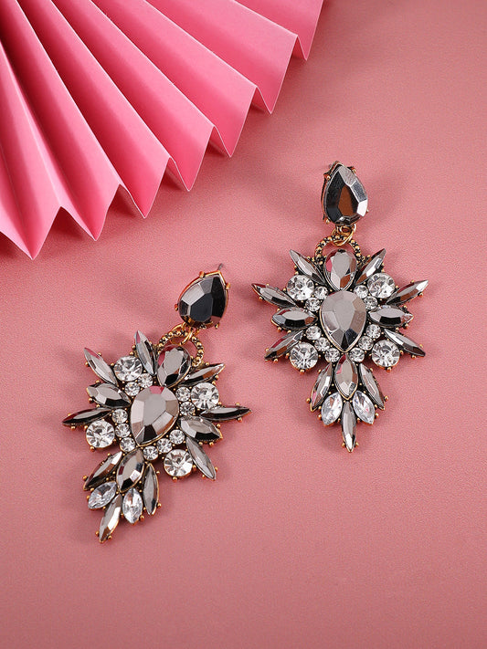 Gold-Plated Crystal-Studded Contemporary Drop Earrings