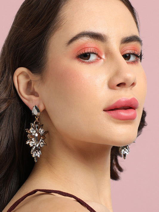 Gold-Plated Crystal-Studded Contemporary Drop Earrings