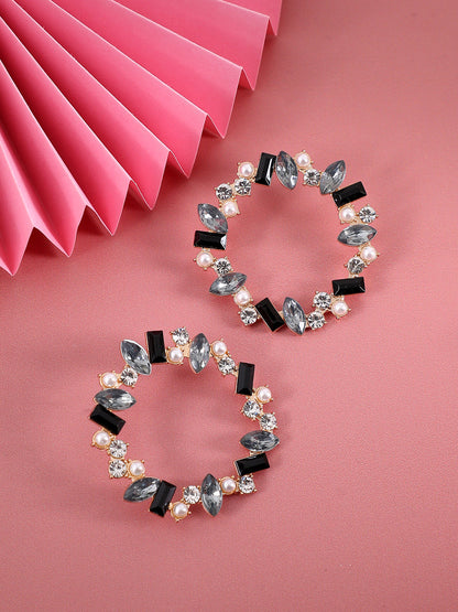 Gold-Plated Crystal-Studded Contemporary Hoop Earrings