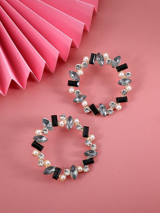 Gold-Plated Crystal-Studded Contemporary Hoop Earrings