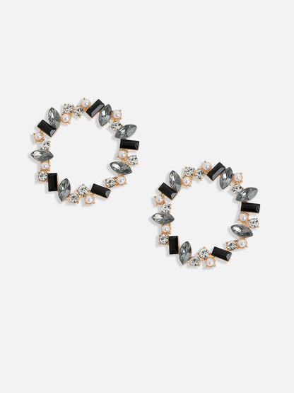 Gold-Plated Crystal-Studded Contemporary Hoop Earrings