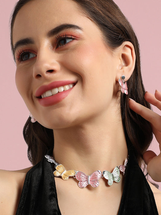 Silver-Plated Pastel Butterfly Jewellery Set