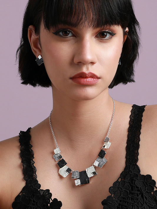 Silver-Plated Textured Square Jewellery Set
