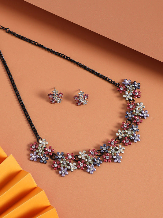 Silver-Plated Stone studded floral Jewellery Set
