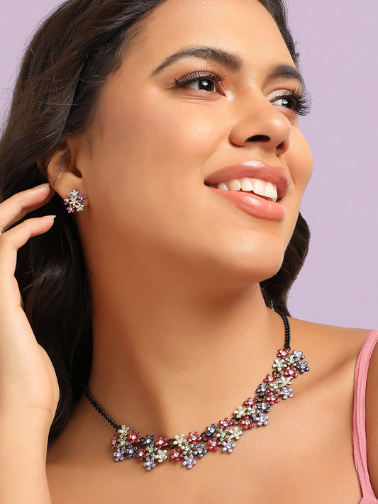 Silver-Plated Stone studded floral Jewellery Set