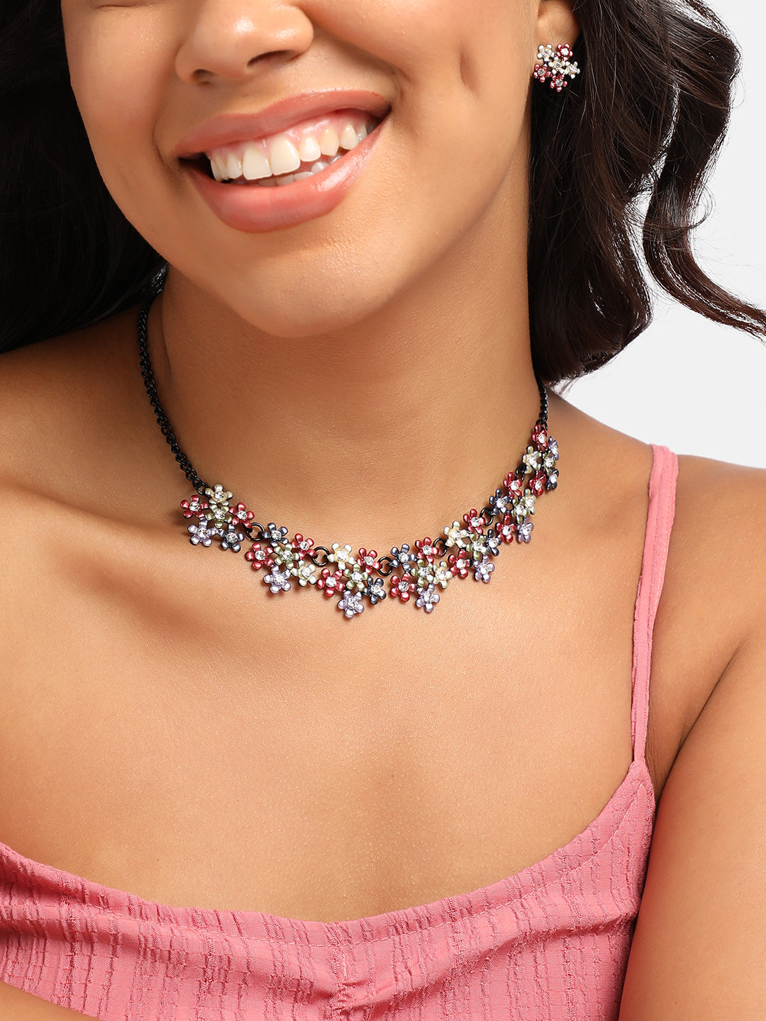 Silver-Plated Stone studded floral Jewellery Set