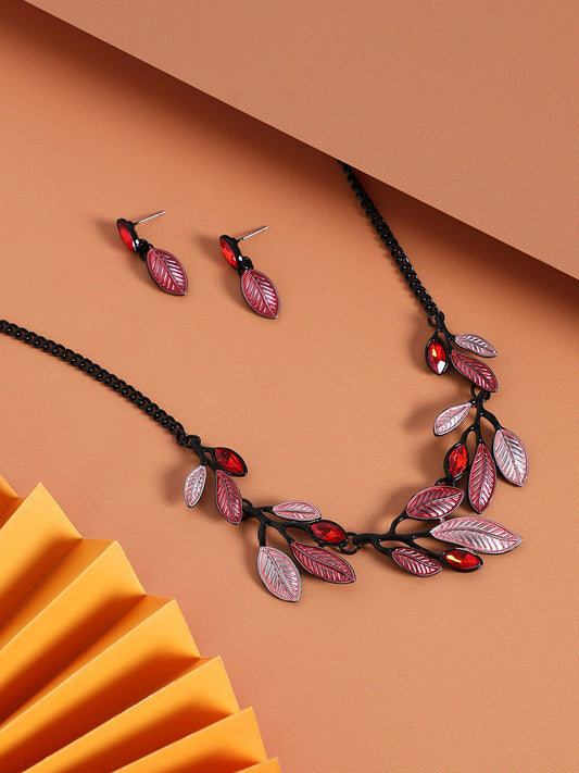 Stone Leaf Necklace Earrings Jewellery Set
