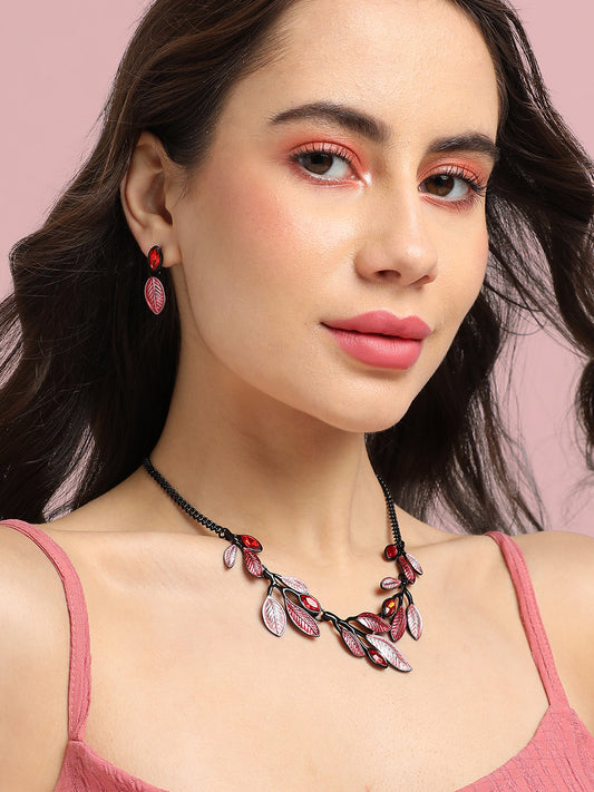 Stone Leaf Necklace Earrings Jewellery Set